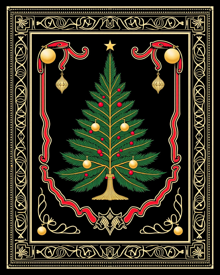 Festive Evergreen Tree Ornate Border Rug
