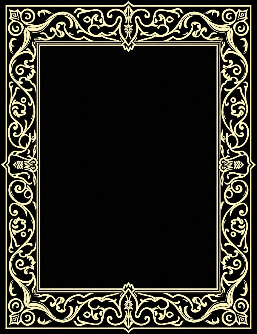 Ornate Scrollwork Black Cream Border Rug