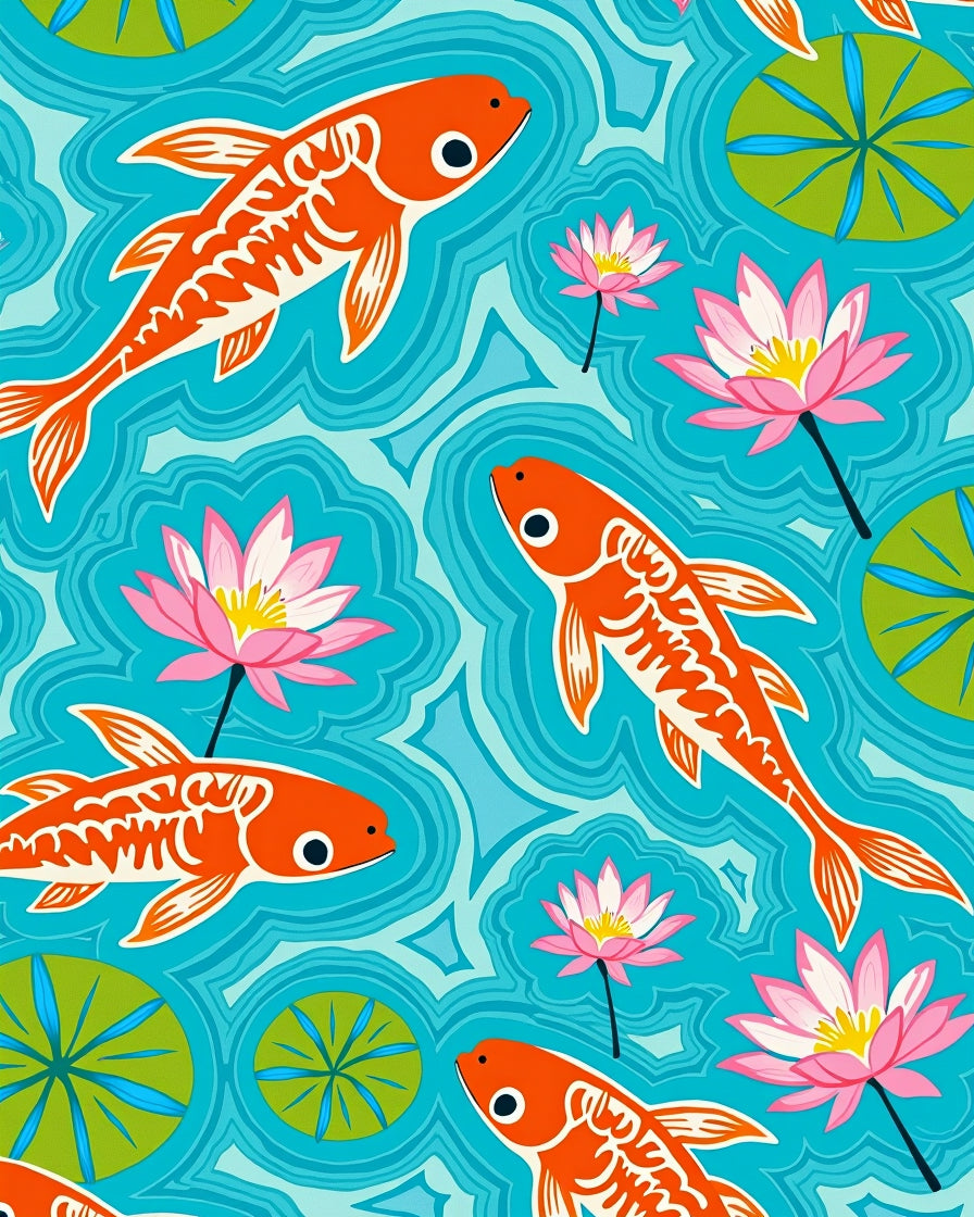 Orange Koi Fish Lotus Flowers Pattern Rug