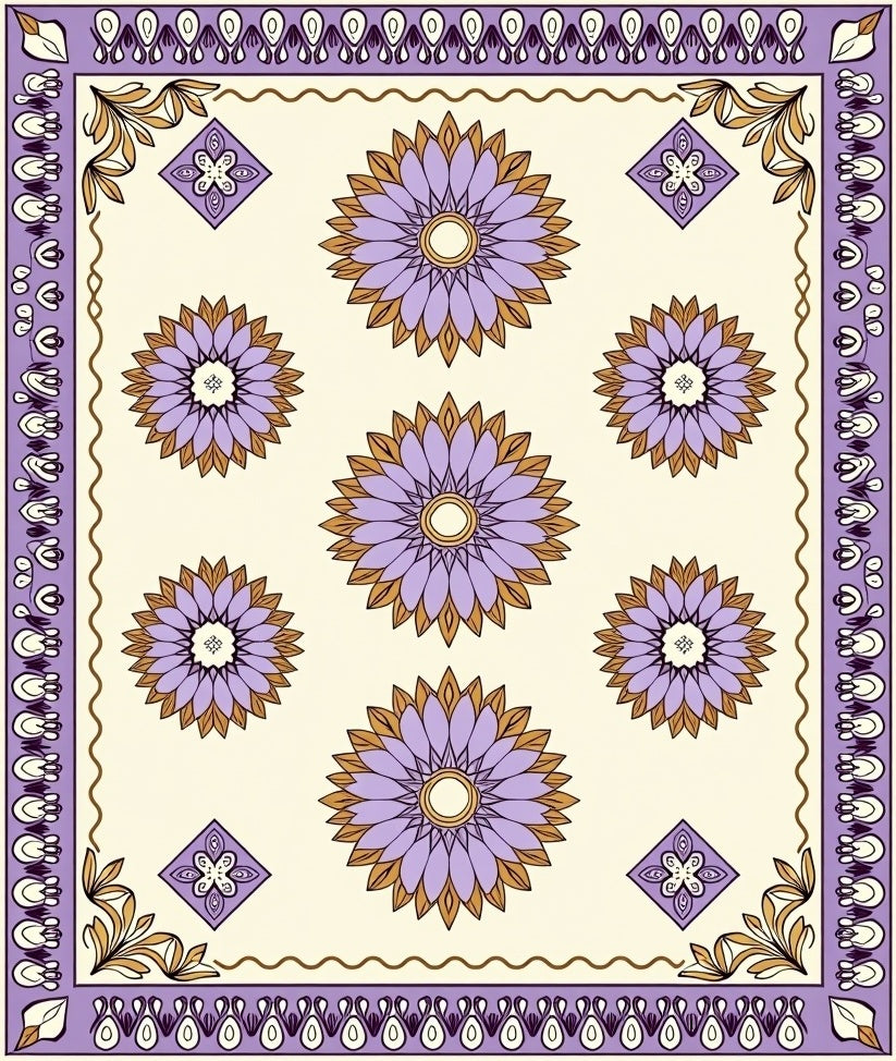 Purple Gold Floral Medallion Border Rug