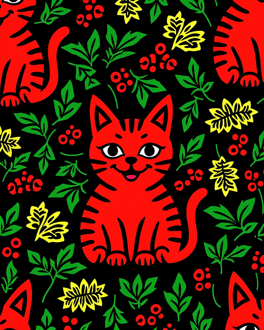 Playful Red Cat Floral Pattern Rug