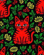 Playful Red Cat Floral Pattern Rug