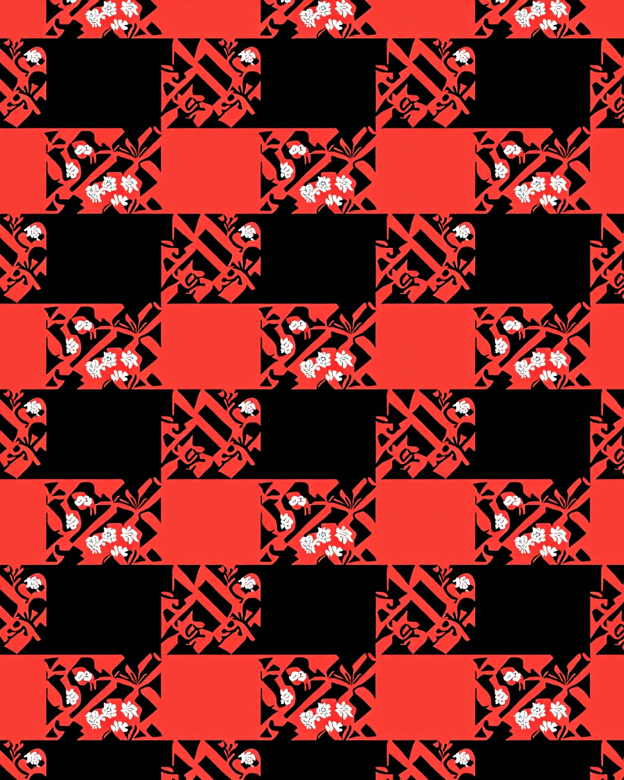 Red Black Geometric Floral Patchwork Rug