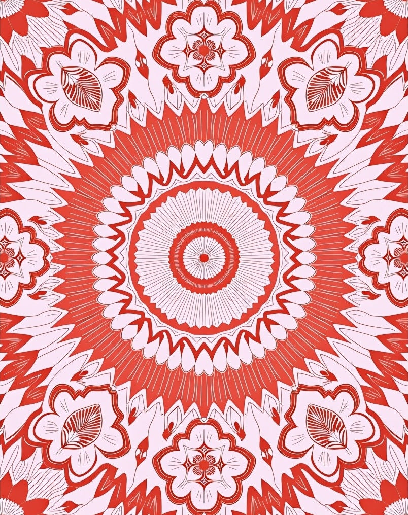 Circular Red White Floral Mandala Rug