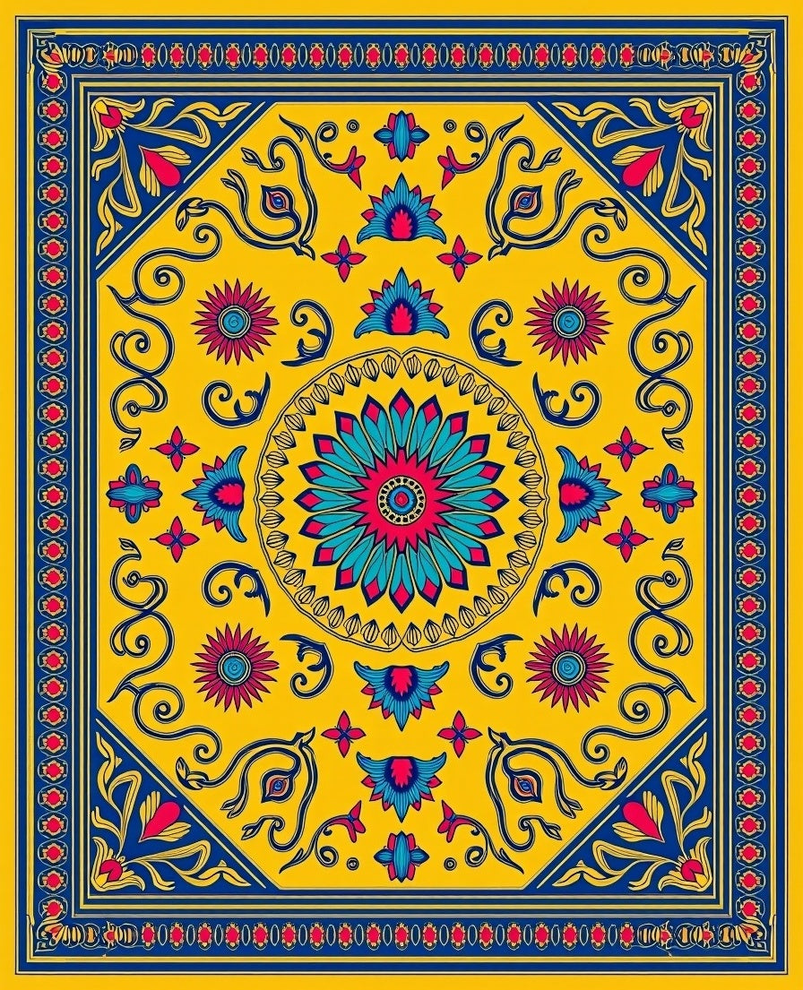 Vibrant Yellow Floral Intricate Art Rug