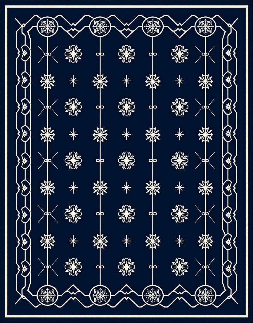 Navy White Floral Medallion Pattern Rug