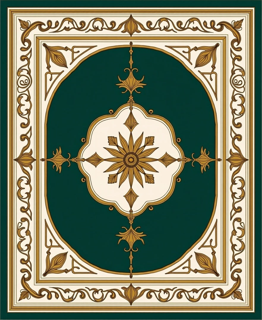 Ornate Teal and Gold Medallion Scroll Rug