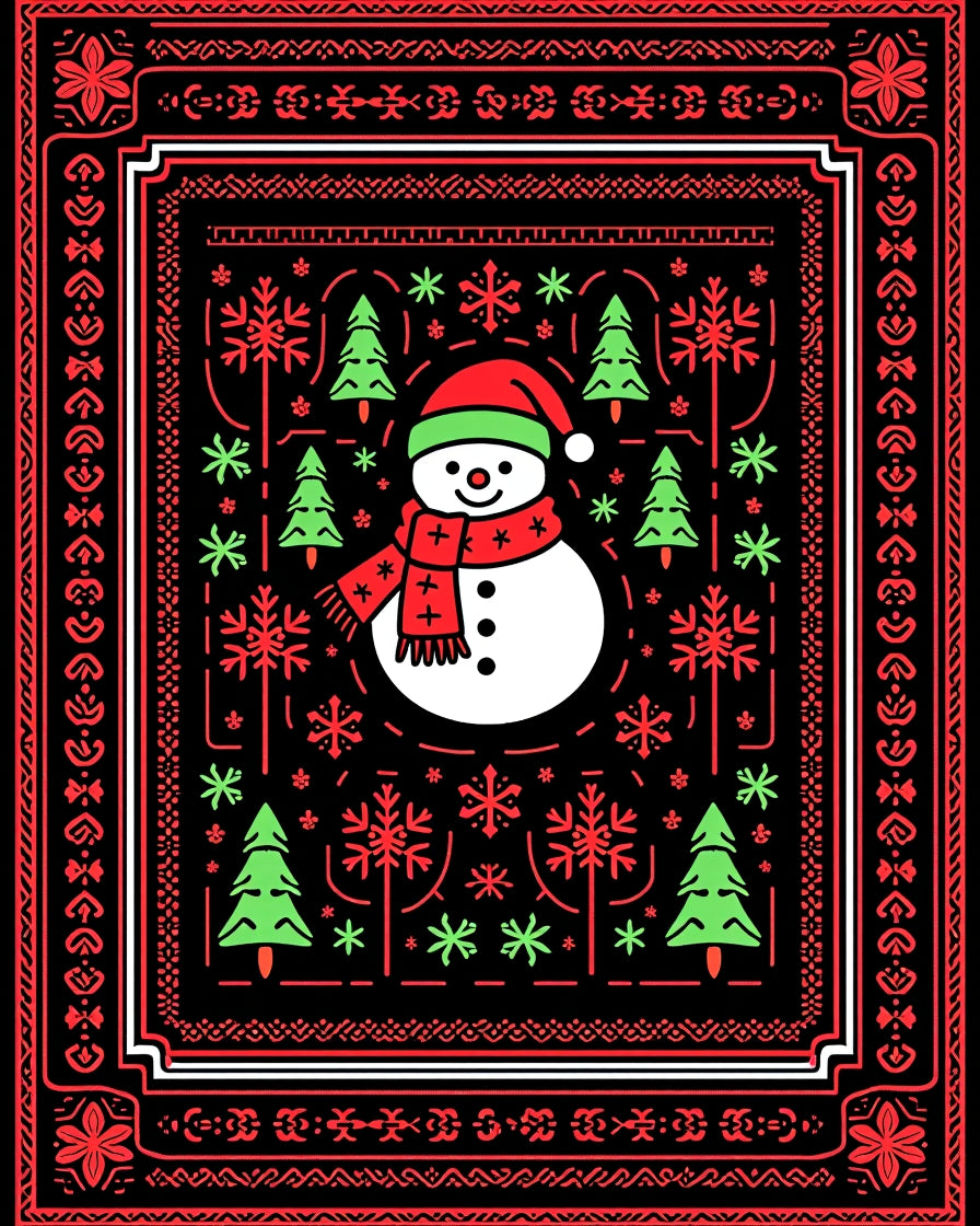 Festive Snowman and Trees Holiday Rug
