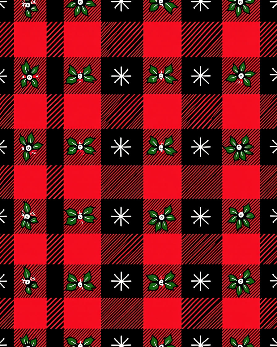 Red Black Buffalo Plaid Holly Snowflakes Rug