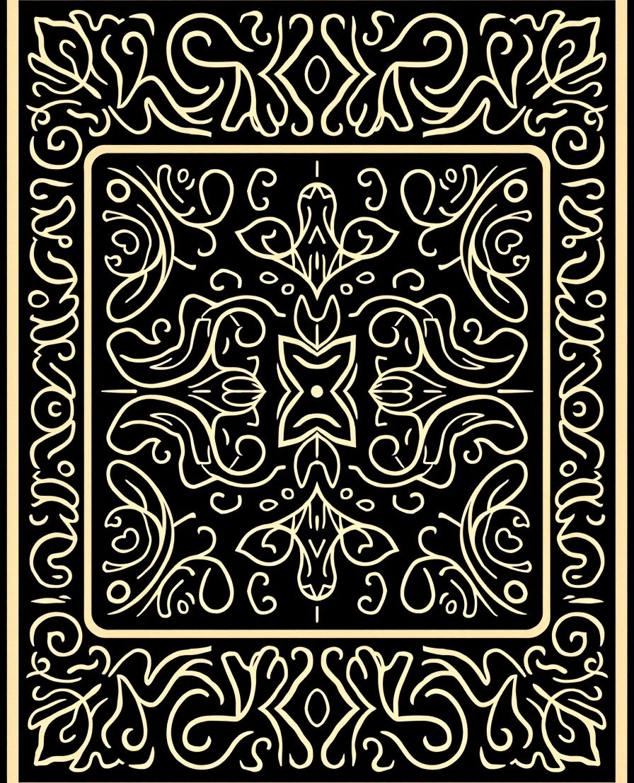 Ornate Gold Line Art Scrollwork Rug