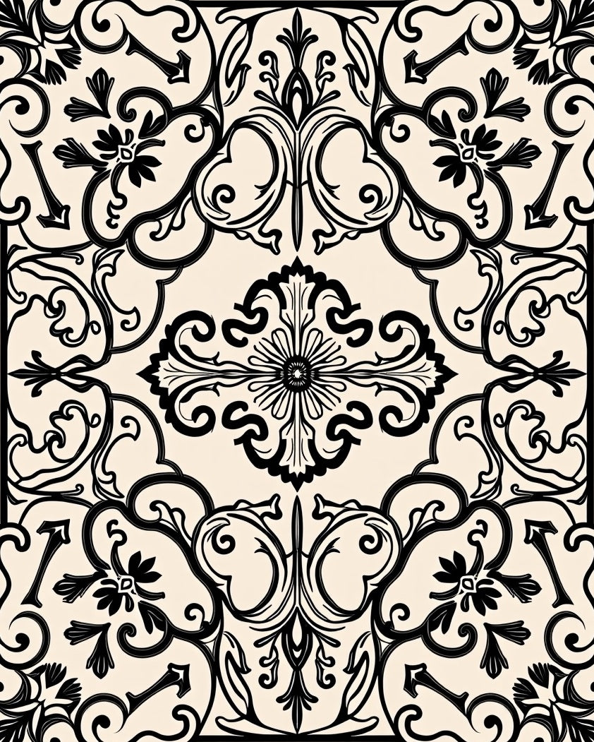 Black Cream Ornamental Scrollwork Rug