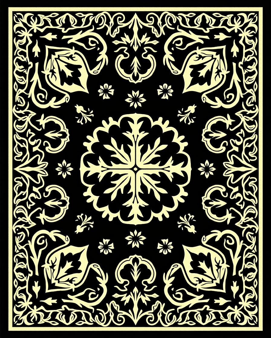 Ornate Black Yellow Floral Design Rug