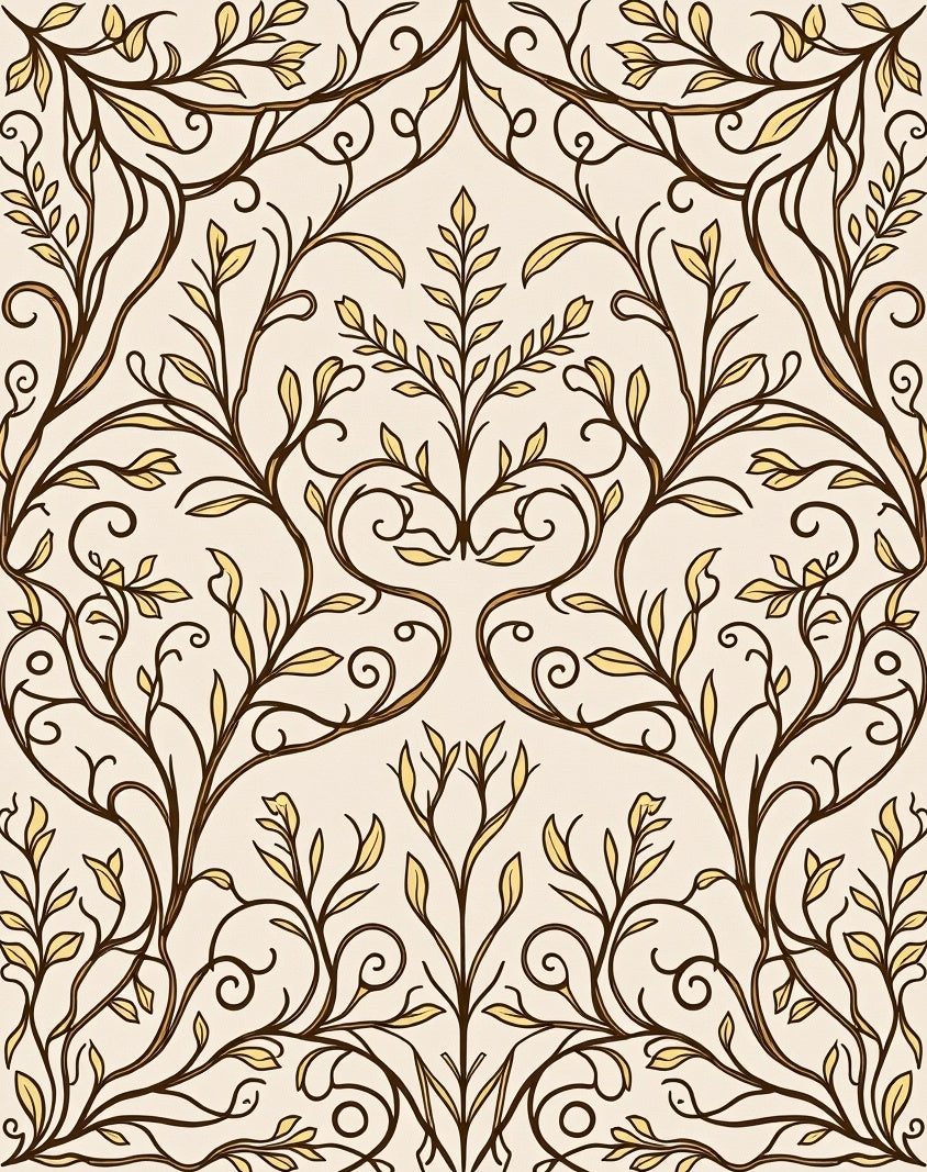 Ornate Cream and Gold Vine Pattern Rug