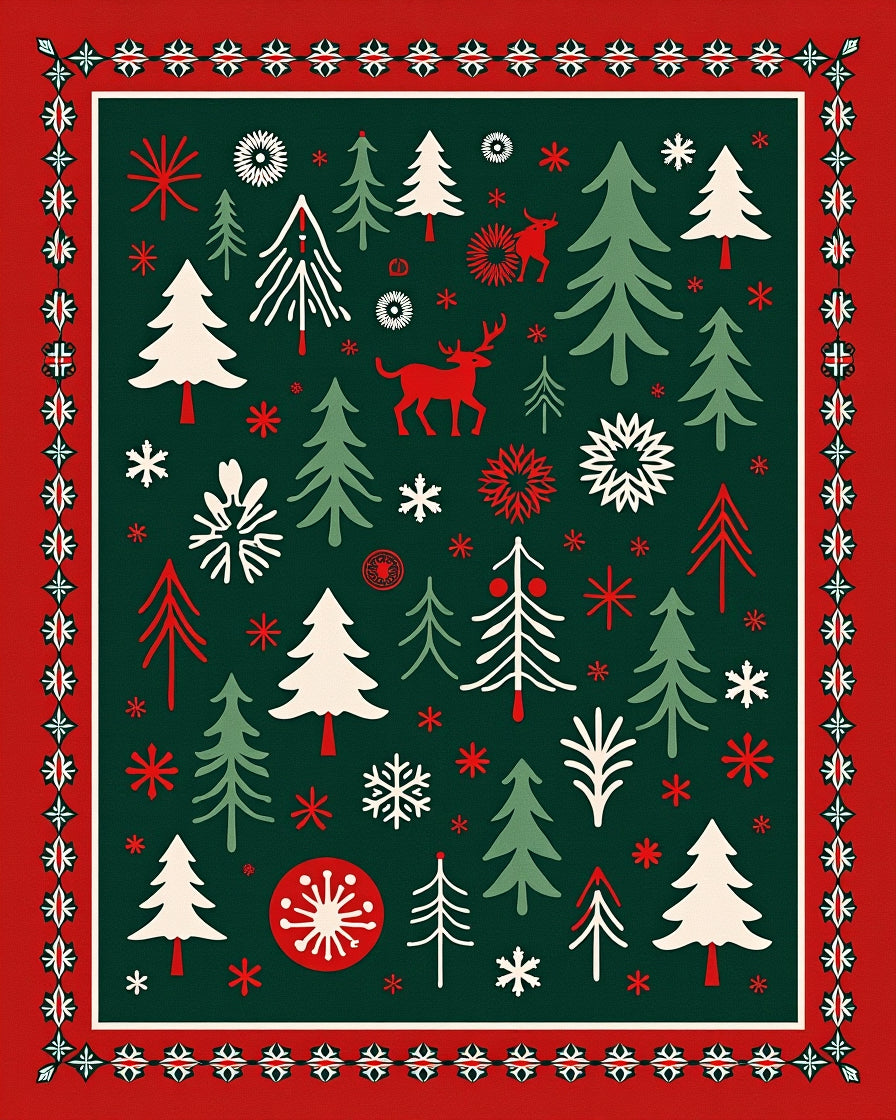 Festive Forest Tree Deer Pattern Rug