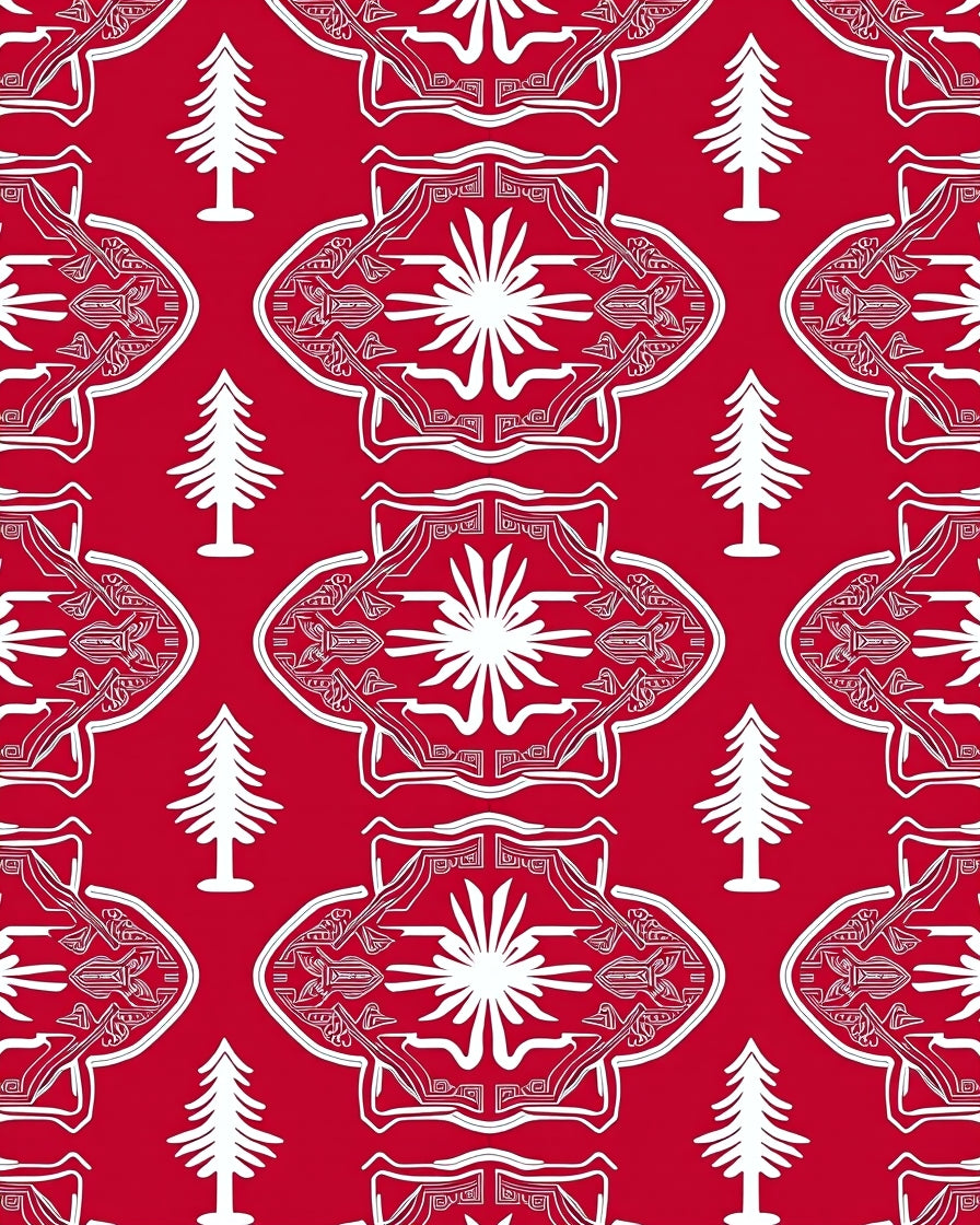 Red White Abstract Geometric Tree Pattern Rug