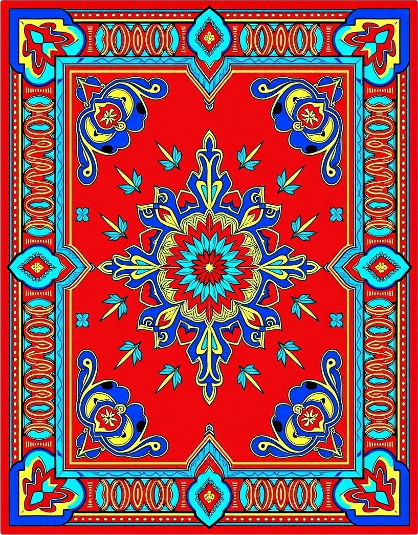 Bright Red Blue Yellow Floral Motif Rug