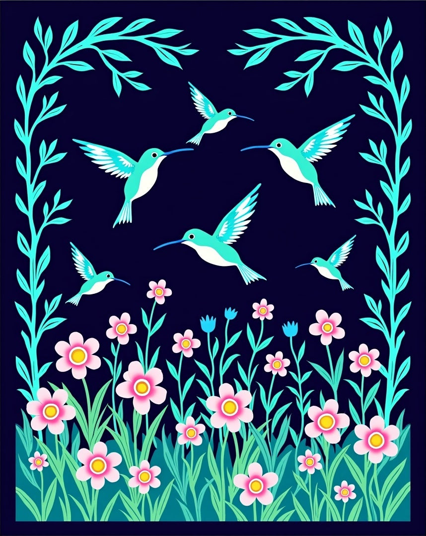 Turquoise Hummingbird Floral Meadow Rug