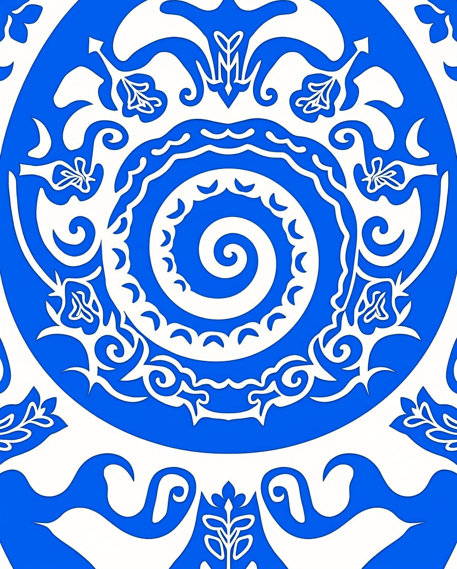 Bold Blue And White Scroll Pattern Rug