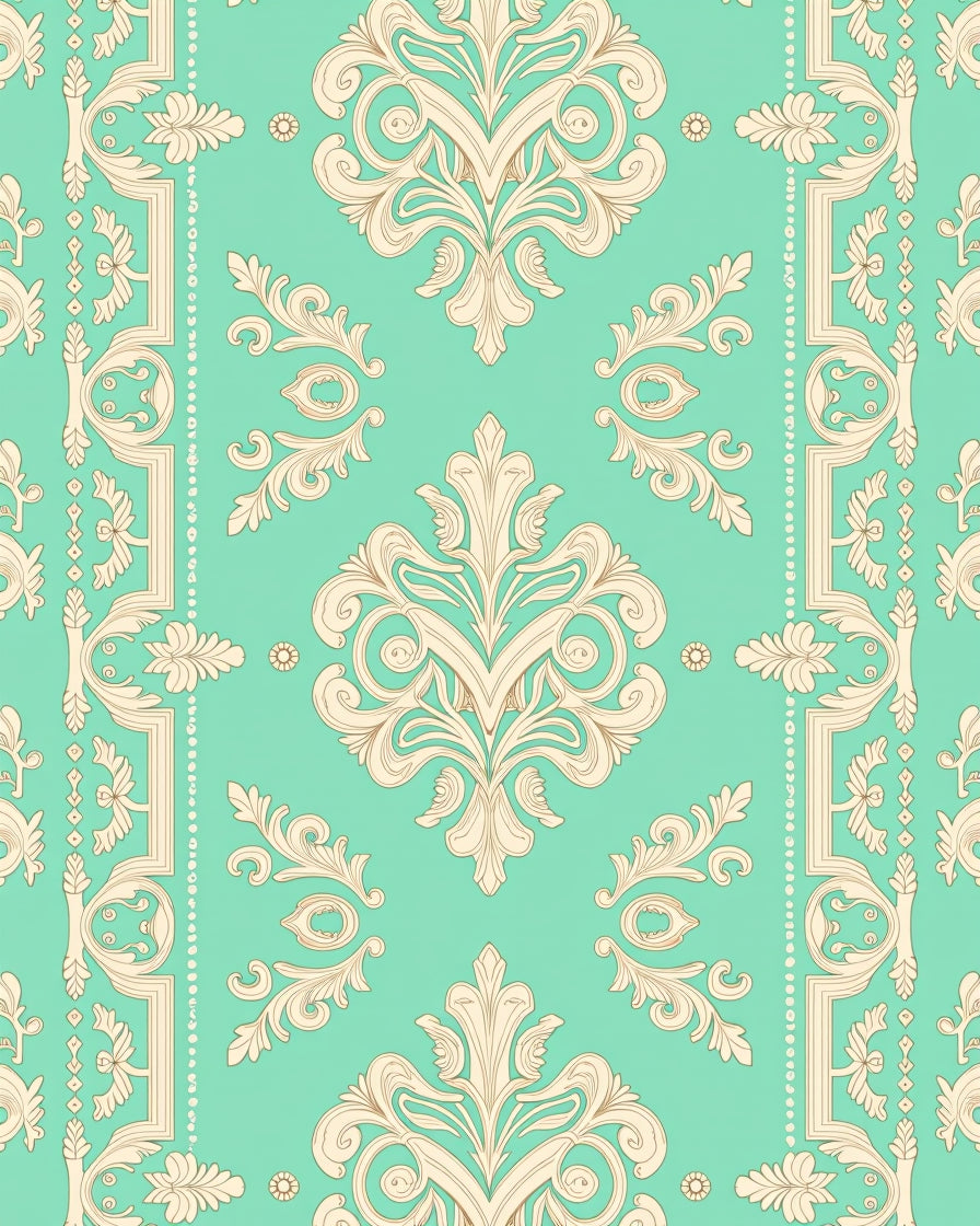 Cream Damask Pattern with Teal Backdrop Rug