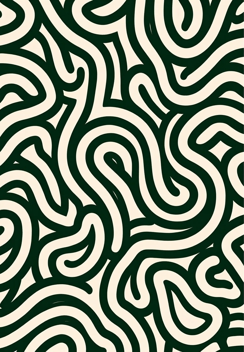 Curved Dark Green Cream Pattern Rug