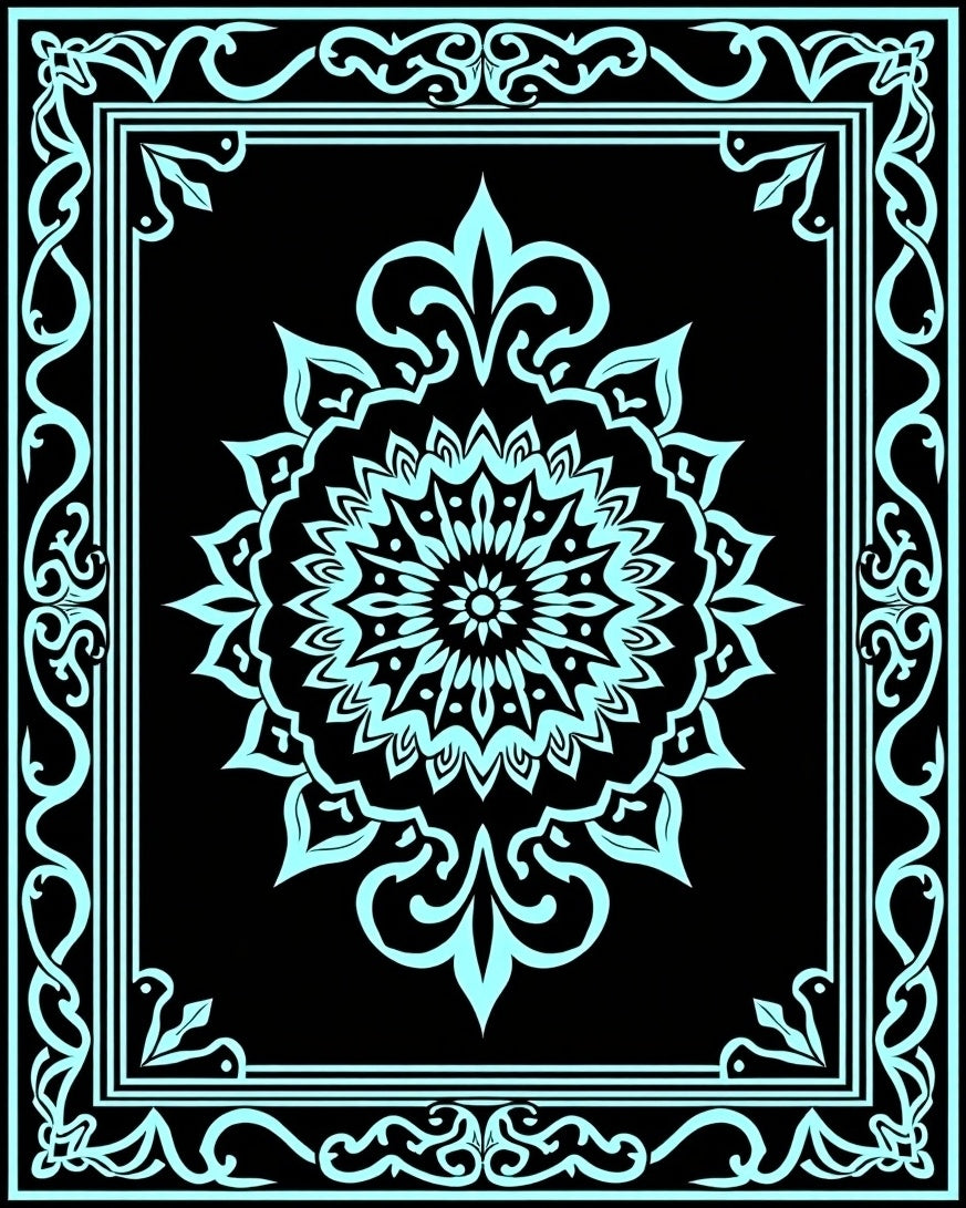 Aqua Floral Mandala With Outer Border Rug