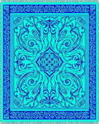Intricate Cyan Floral Art Deco Rug