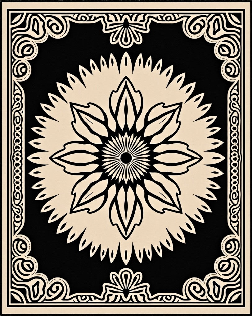 Black and Cream Floral Medallion Centerpiece Rug