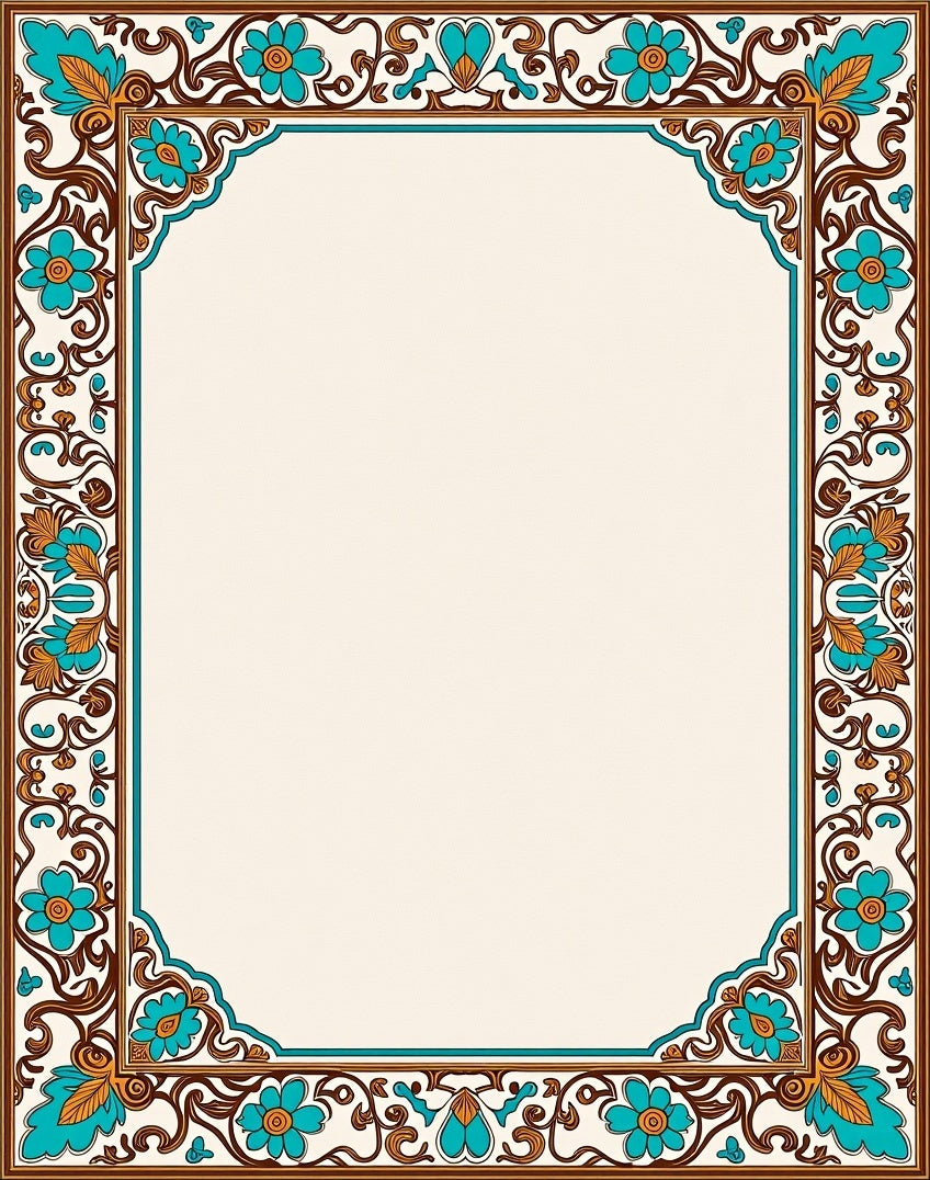 Turquoise Floral Scrollwork Border Design Rug
