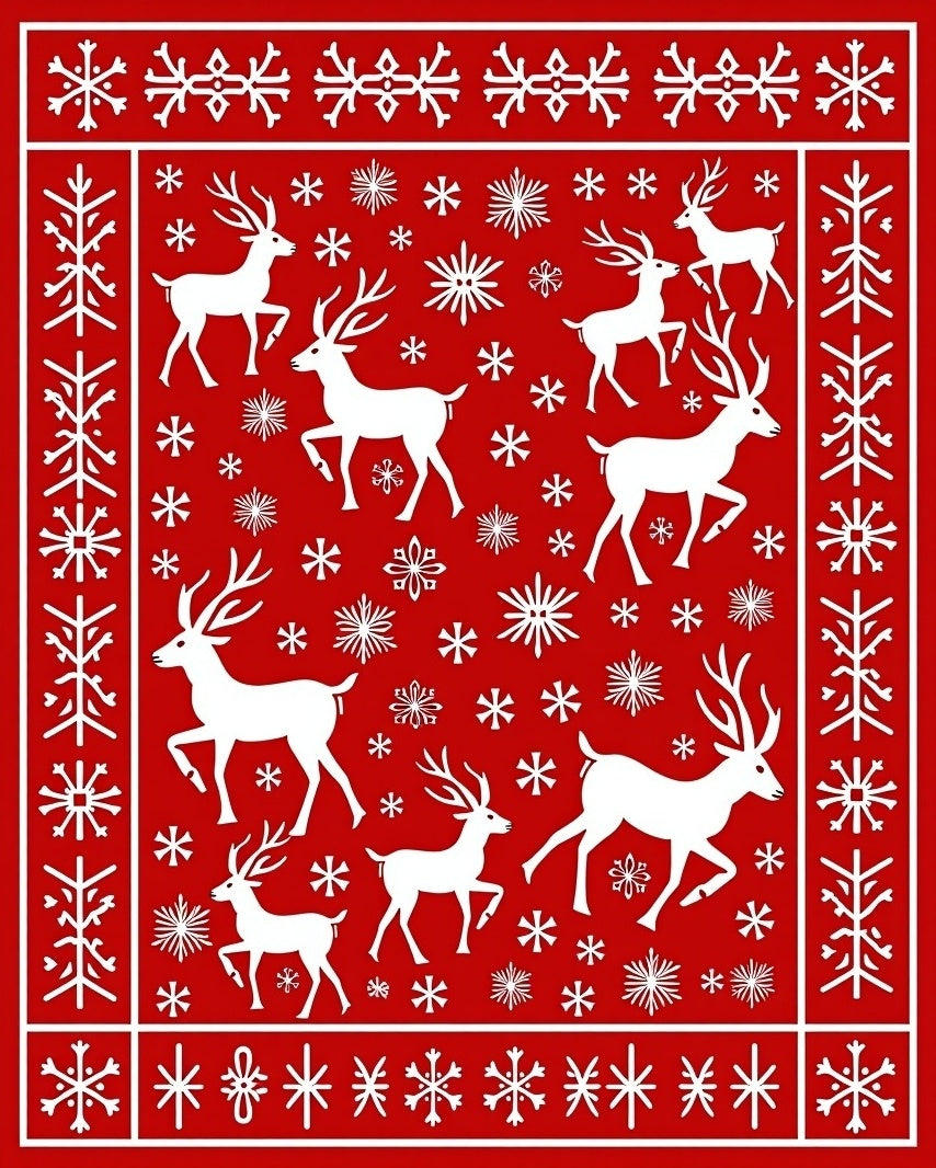 Red Reindeer Snowflake Folk Art Rug