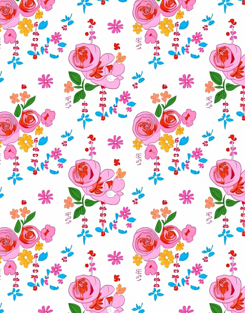 Whimsical Pink Rose Floral Pattern Rug