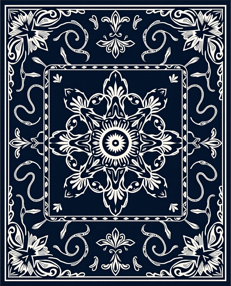 Dark Blue White Floral Mandala Textile Rug