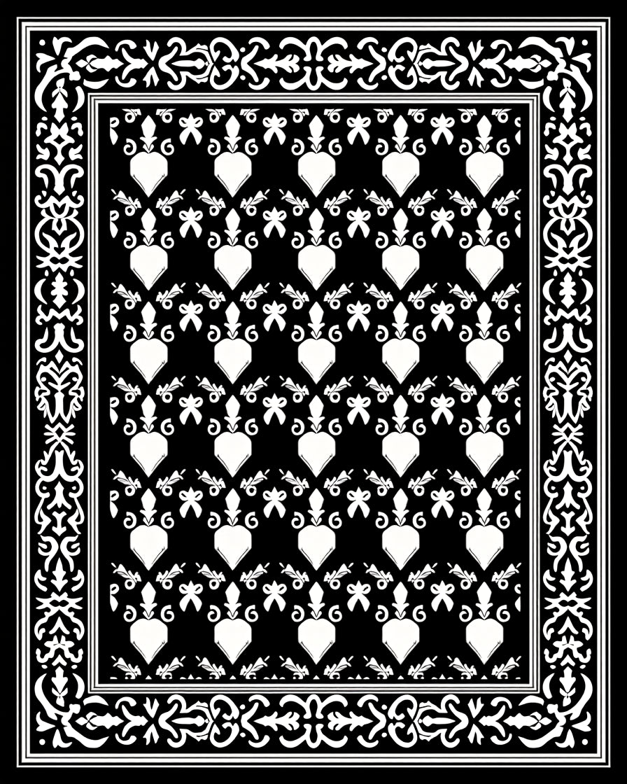 Ornate Black White Heart Pattern Rug