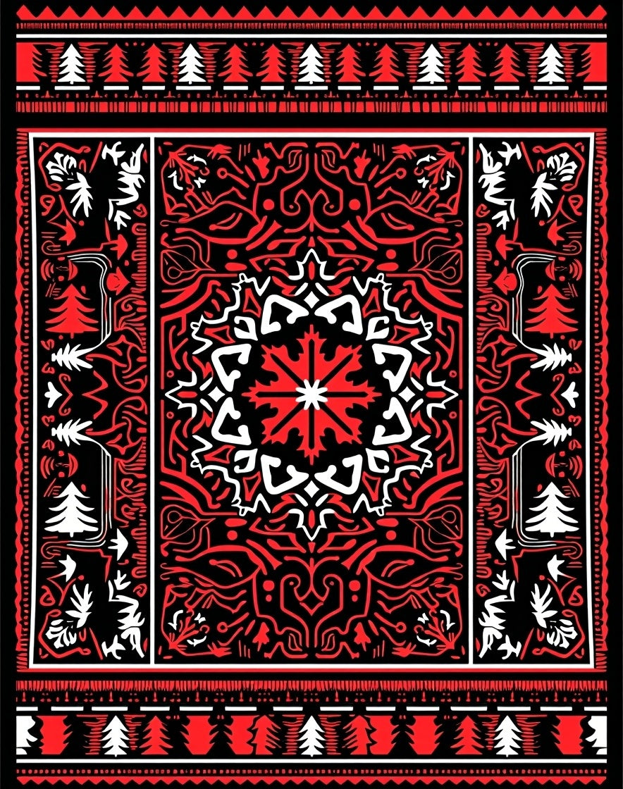 Intricate Red White Abstract Forest Pattern Rug