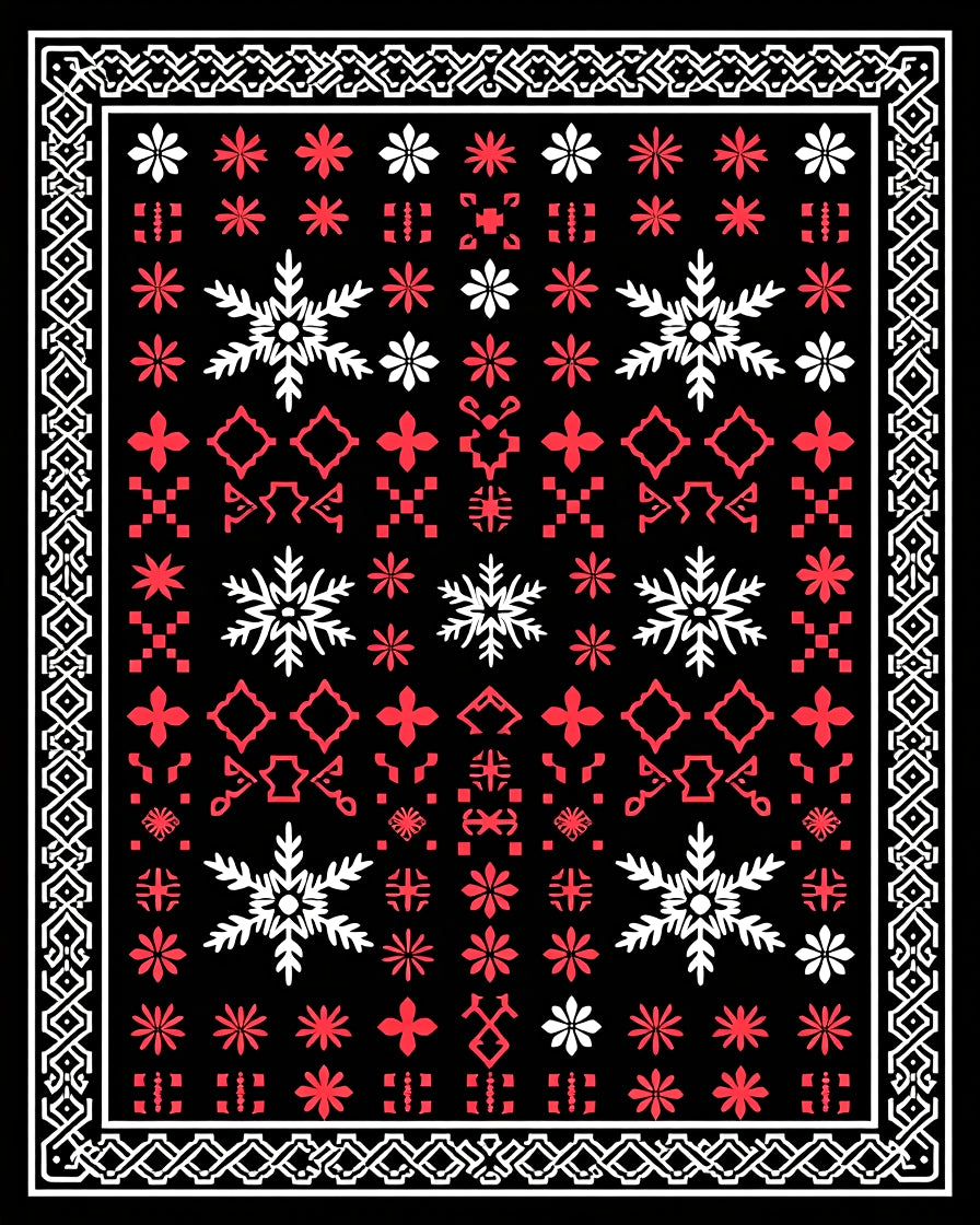 Black Red White Snowflake Pattern Rug