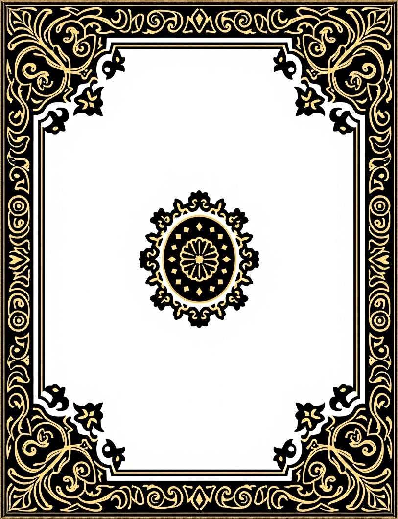 Ornate Black and Gold Floral Border Rug