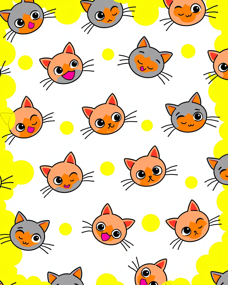 Playful Cat Faces Yellow Dot Pattern Rug