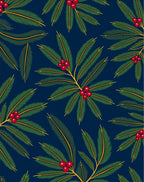 Deep Navy Green Holly Berry Leaves Rug