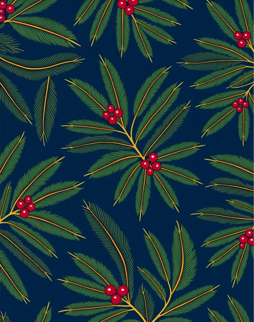 Deep Navy Green Holly Berry Leaves Rug