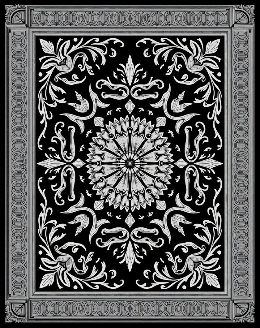 Intricate Floral Medallion Black White Rug
