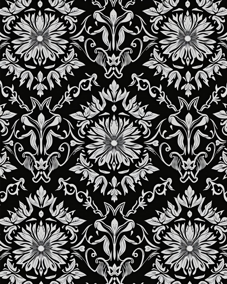 Classic Black White Floral Damask Rug