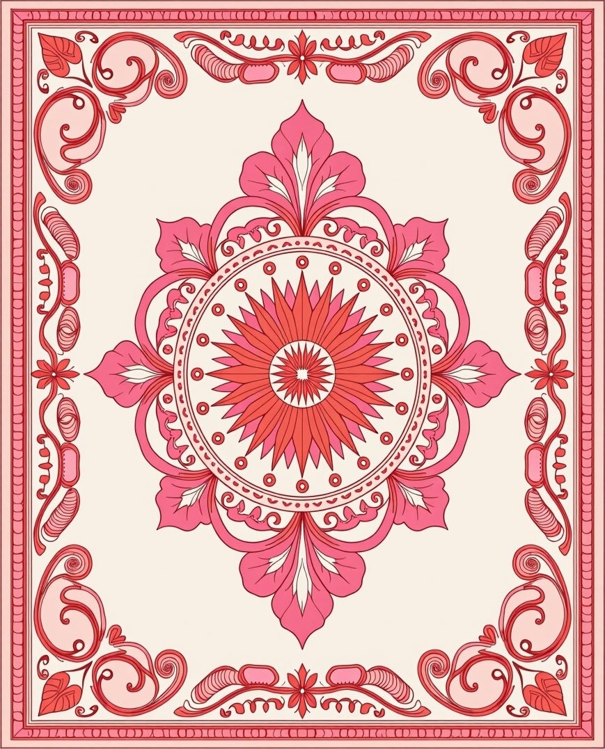 Pink Floral Medallion Border Design Rug