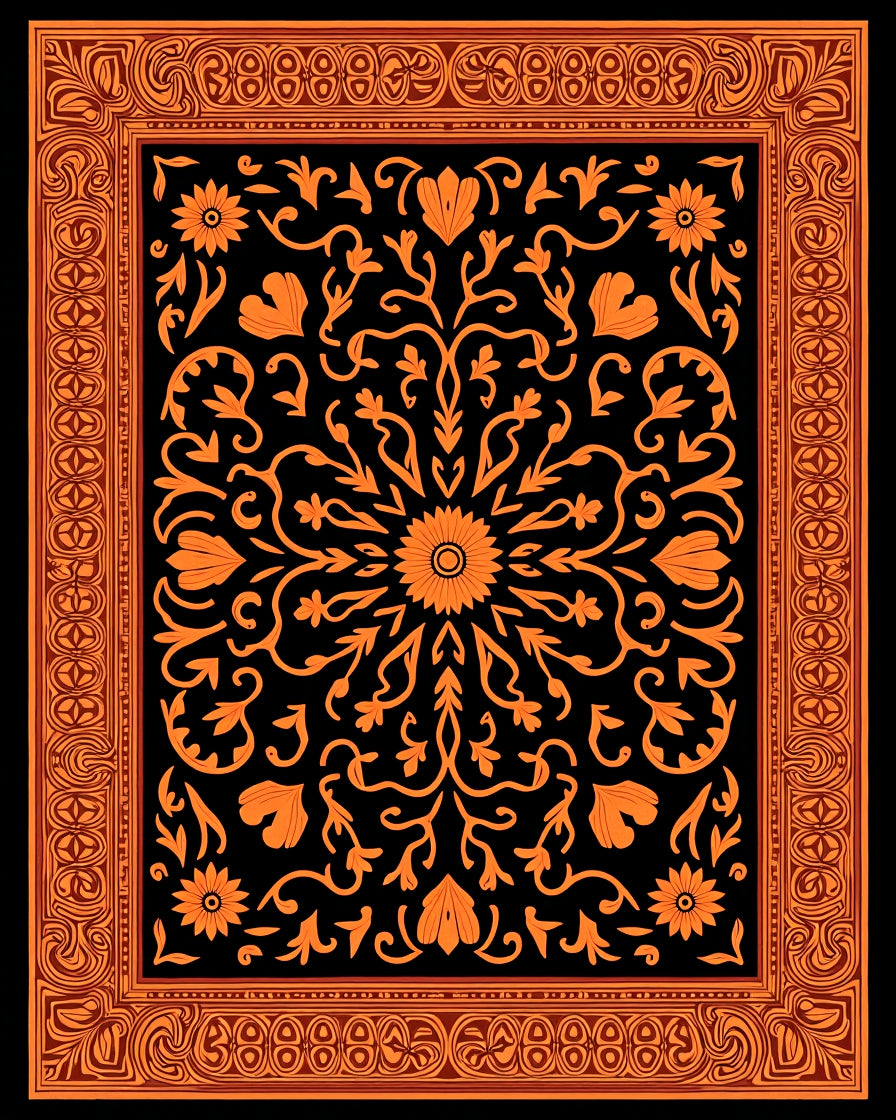 Orange Floral Medallion Border Rug