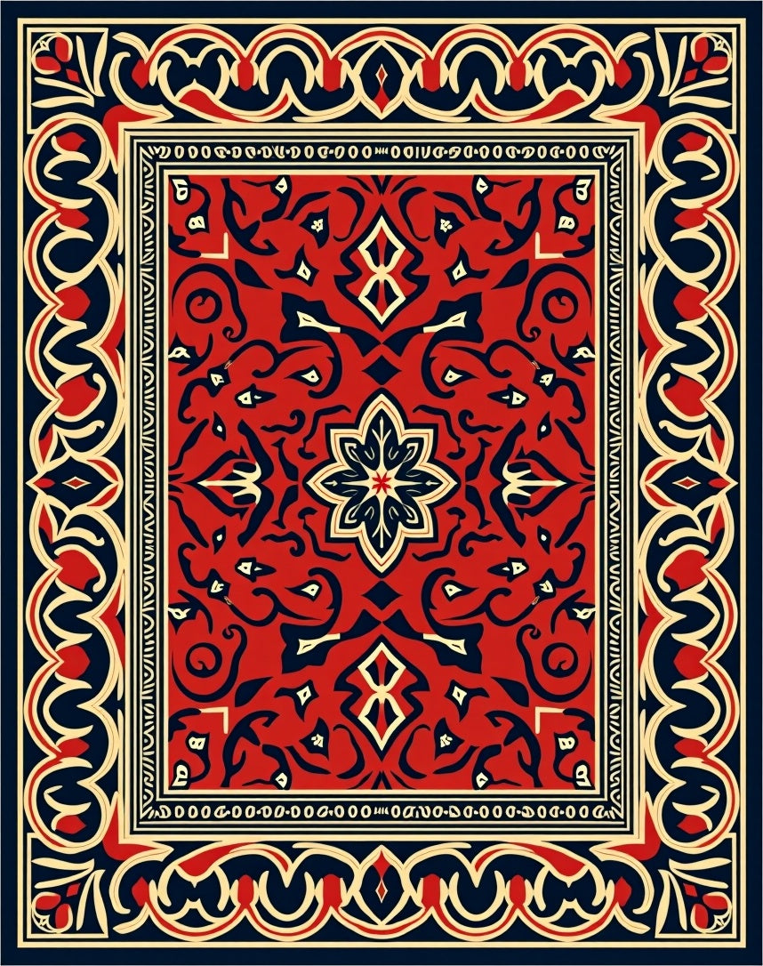 Red Navy Floral Geometric Pattern Rug