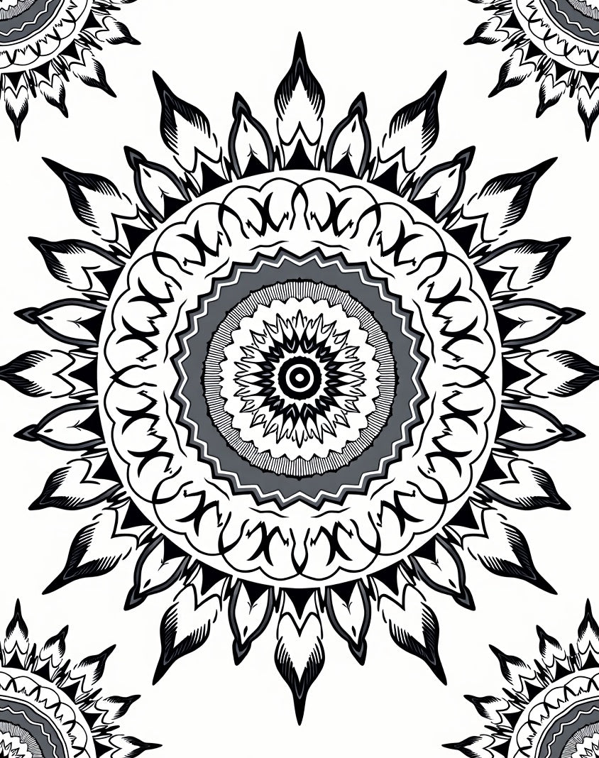 Monochromatic Mandala Sunburst Pattern Design Rug