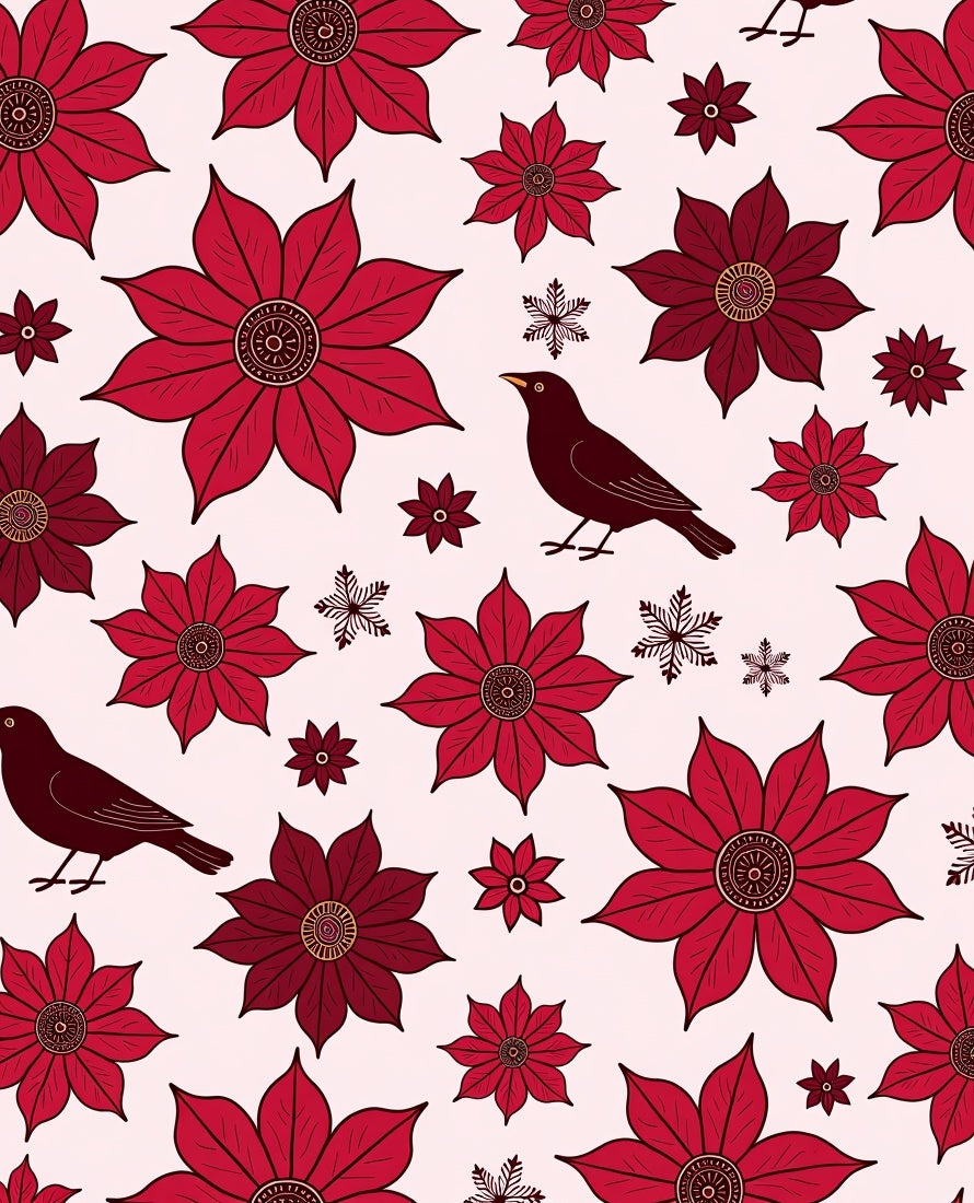 Rustic Red Floral Bird Pattern Rug