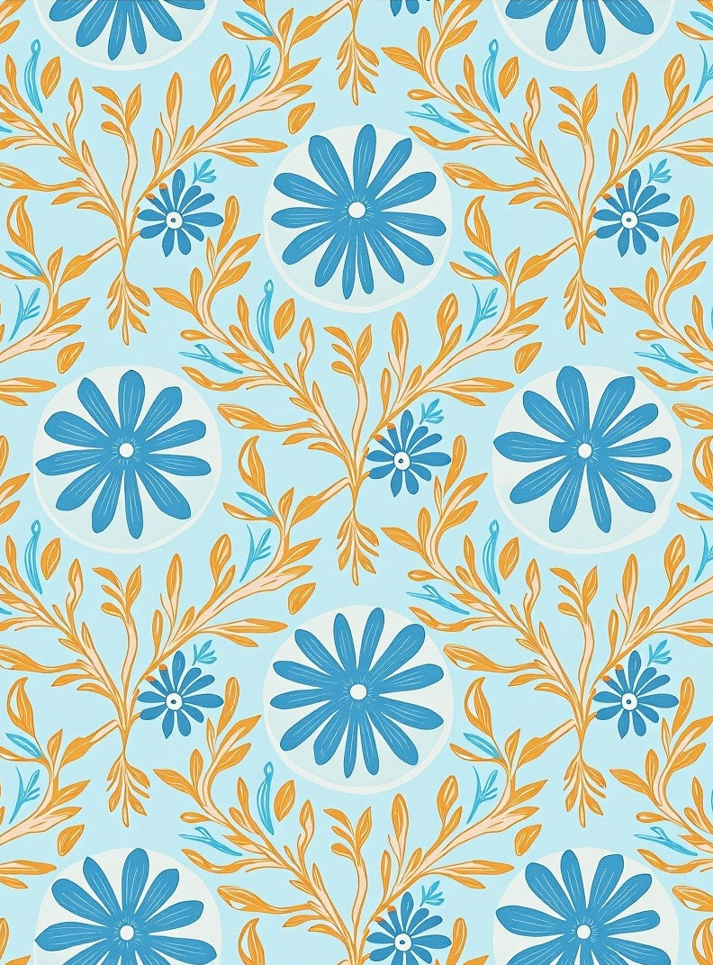 Blue Orange Floral Scroll Pattern Rug