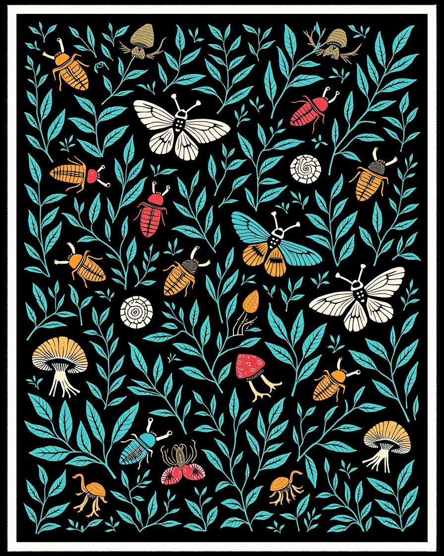Black Beetle Butterfly Floral Rug
