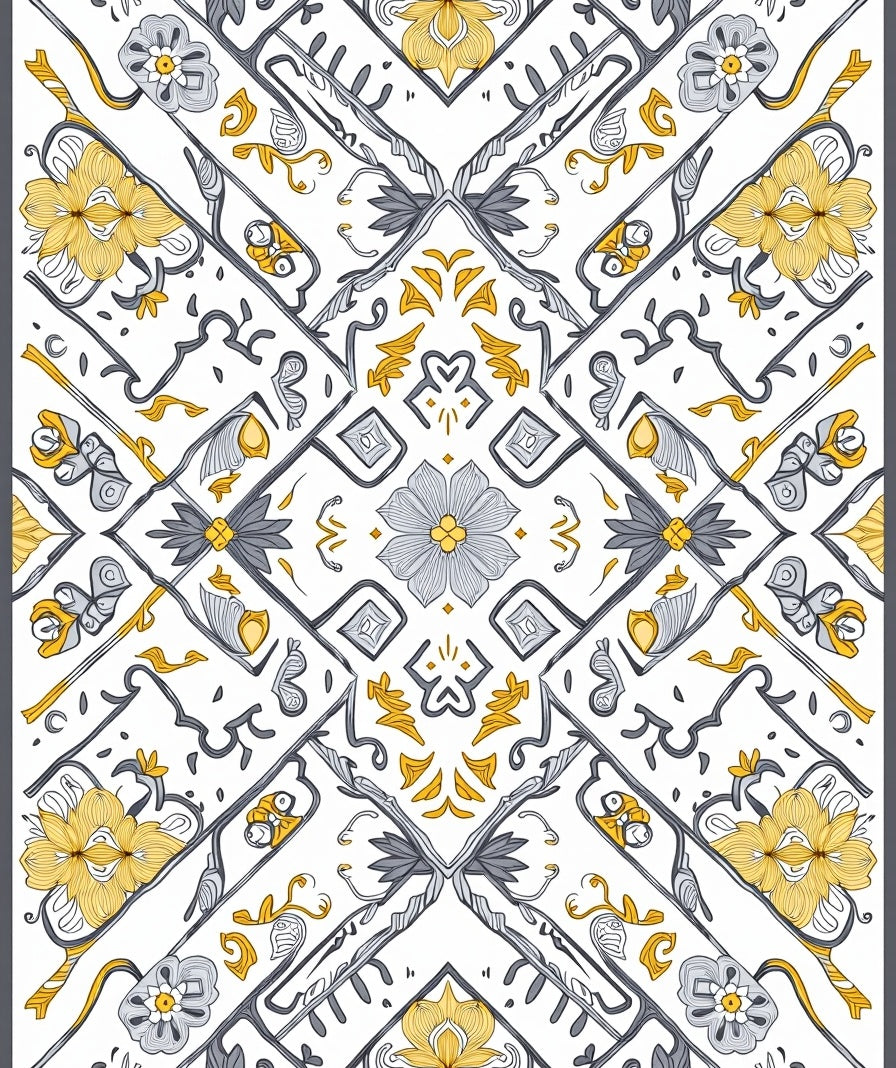 Elegant Yellow and Grey Floral Tile Design Rug