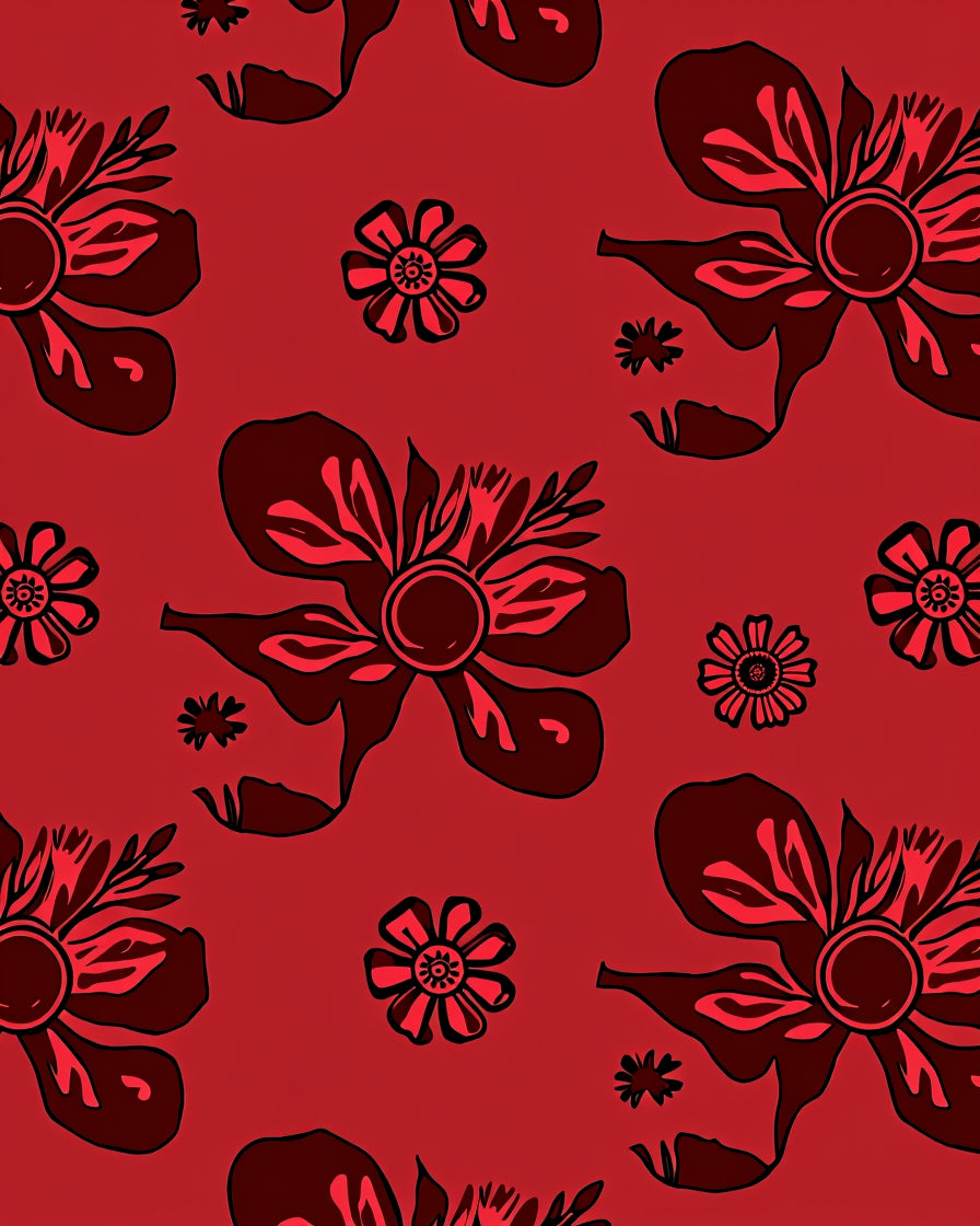 Dark Red Bold Floral Design Rug