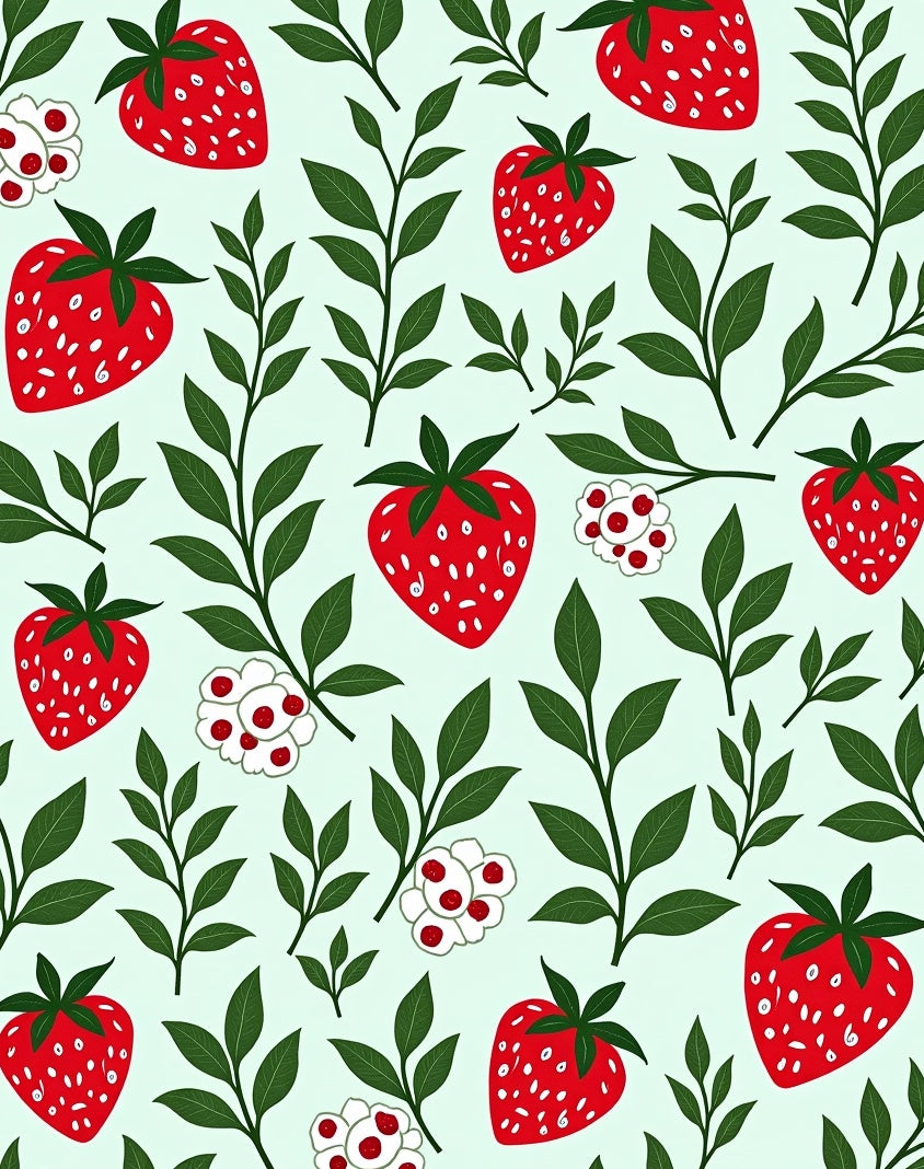 Red Strawberry Green Leaf Nature Print Rug